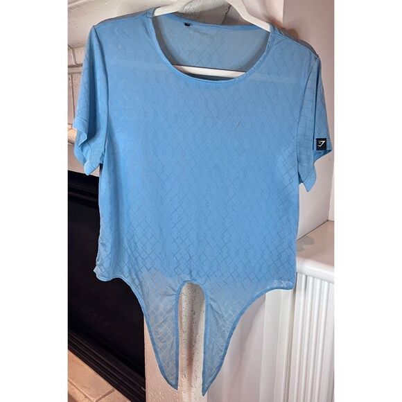 Gymshark Women’s Sheer Blue Tie Front Crew Neck Crop T-shirt Size Medium - Picture 3 of 6